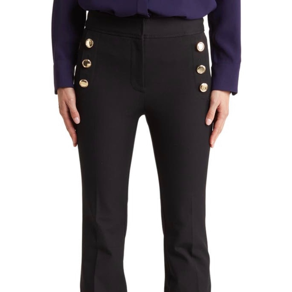 Size 6 flared trousers with gold button details. Heavy weight, unlined slacks